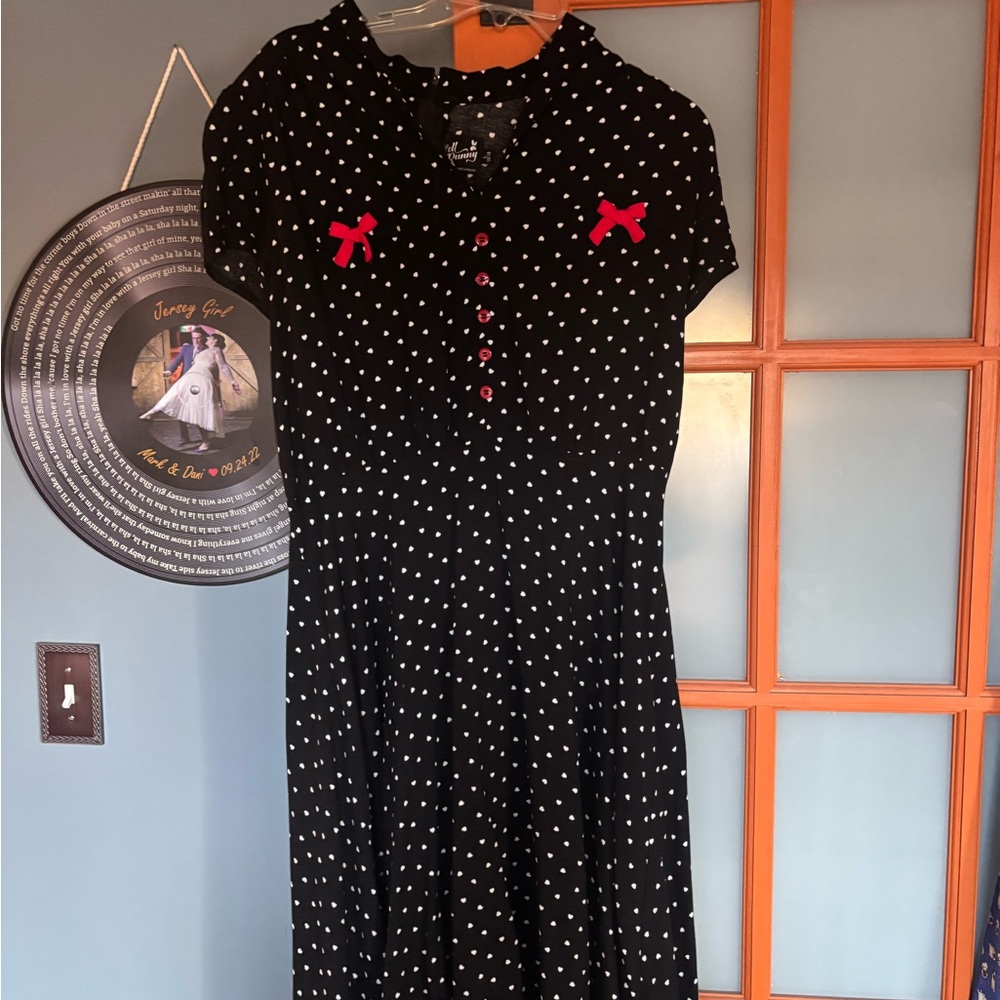 Hell Bunny Black Dress with White Hearts and Red Button